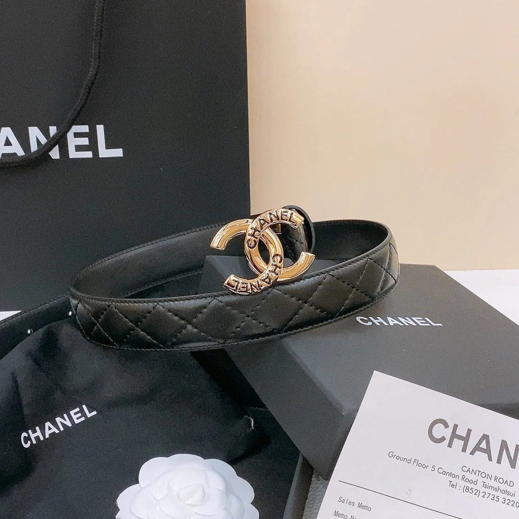 DOUBLE C BELT 30MM IN BLACK QUILTED LAMBSKIN WITH GOLD RESIN BUCKLE ENGRAVED LOGO
