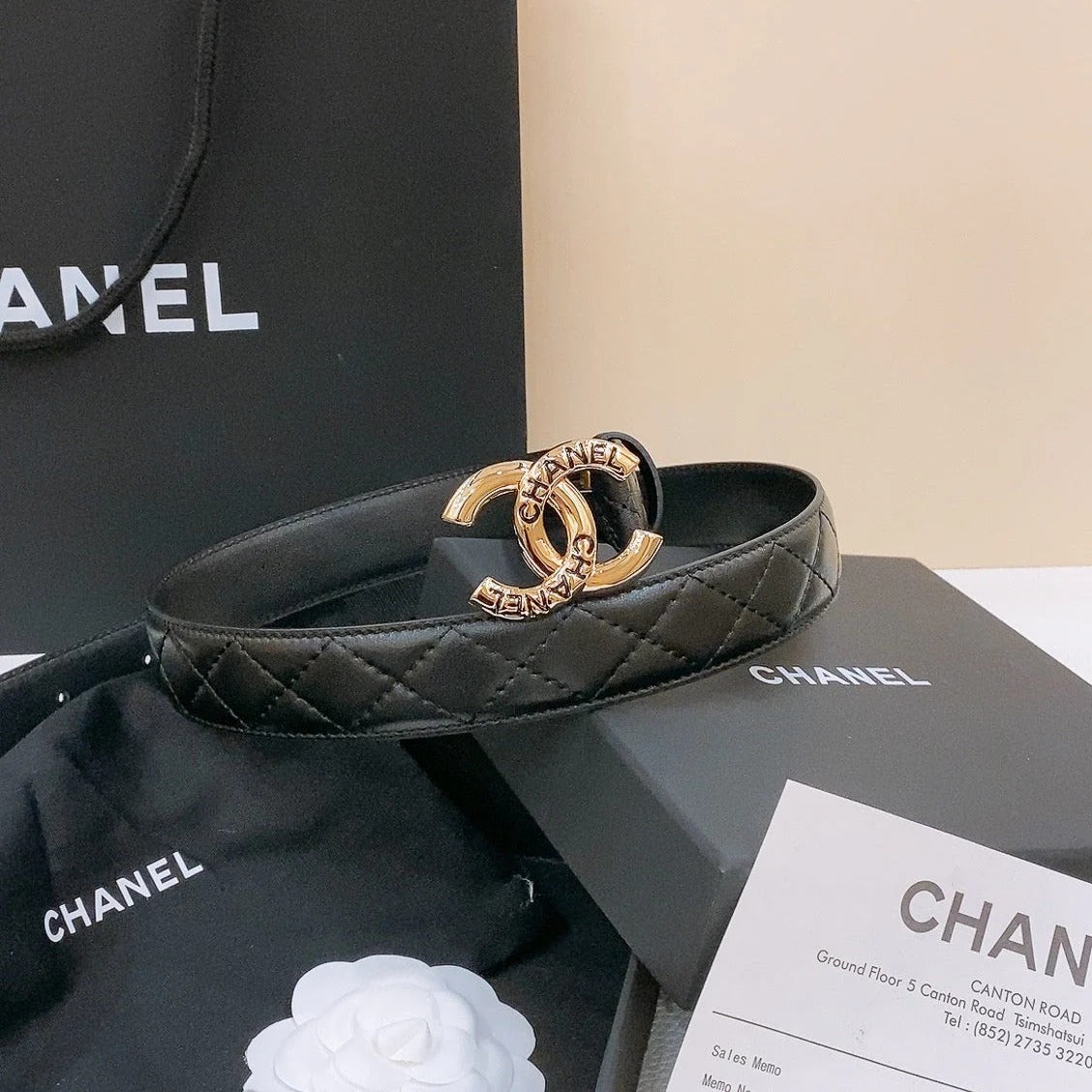 DOUBLE C BELT 30MM IN BLACK QUILTED LAMBSKIN WITH GOLD RESIN BUCKLE ENGRAVED LOGO