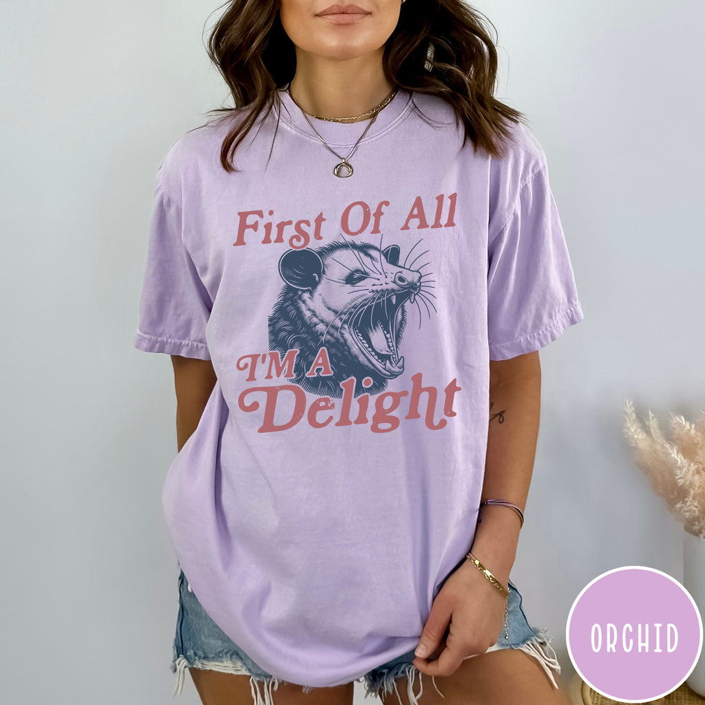 I'm a Delight Comfort Colors® T-Shirt, First of All, Vintage Possum Tshirt, Funny Retro Shirt, Graphic Tee, Funny Women's Aesthetic Tshirt