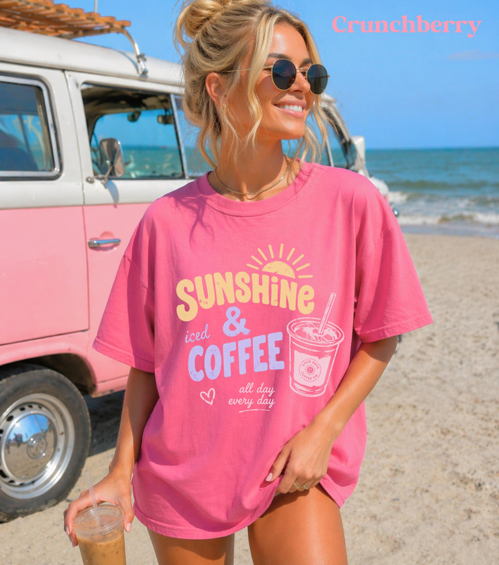 Sunshine Iced Coffee Shirt, Summer Crewneck, Beach Vacation Shirts Women, Iced Coffee Lover, Sunshine Tees, Womens Coffee Graphic Tshirts