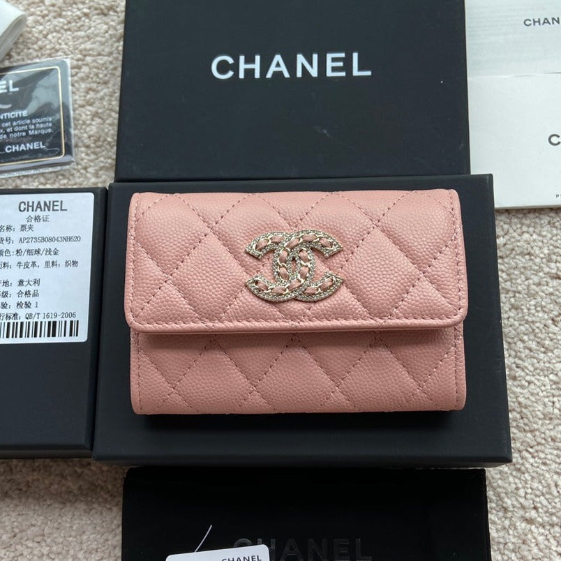 cc small wallet 11cm pink caviar light gold leather hardware