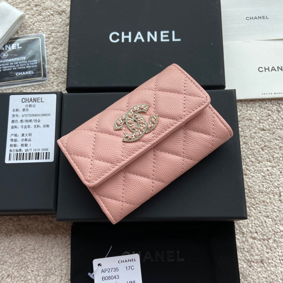 cc small wallet 11cm pink caviar light gold leather hardware