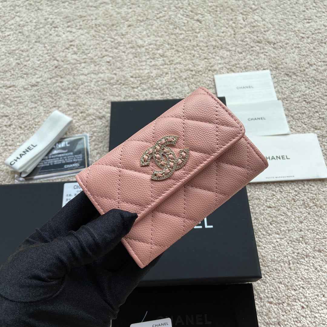 cc small wallet 11cm pink caviar light gold leather hardware