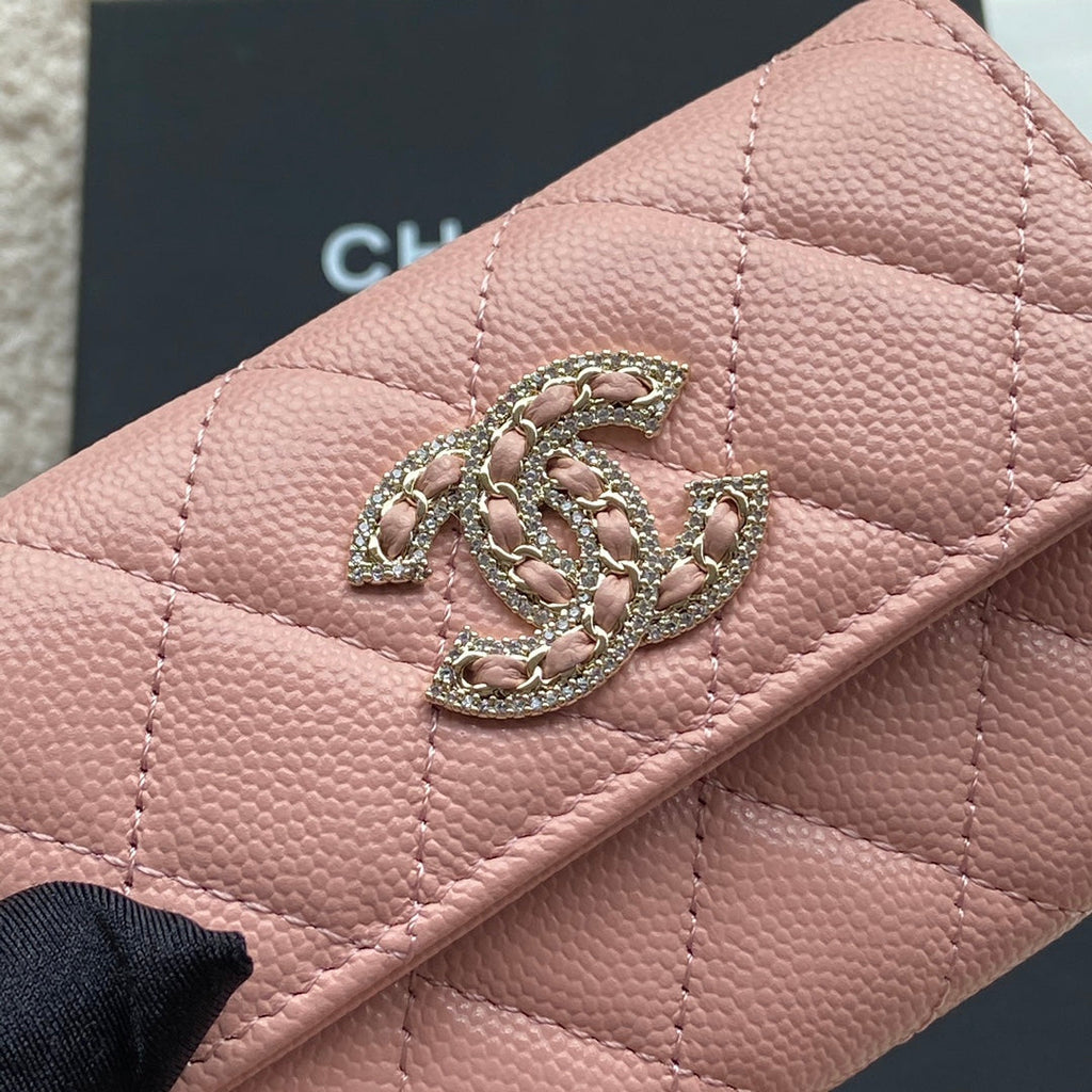 cc small wallet 11cm pink caviar light gold leather hardware