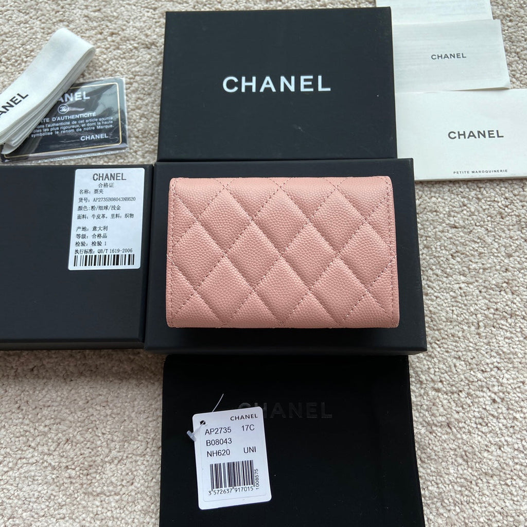 cc small wallet 11cm pink caviar light gold leather hardware