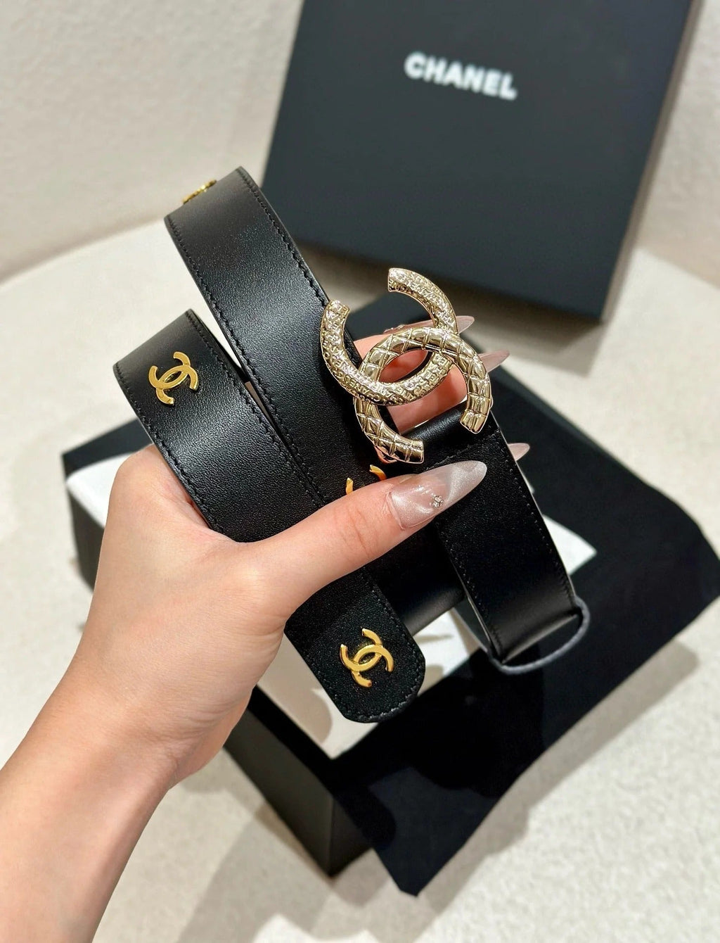 DOUBLE C BELT 30MM IN BLACK CALFSKIN GOLD BUCKLE WITH EMBOSSED CHECK PATTERN