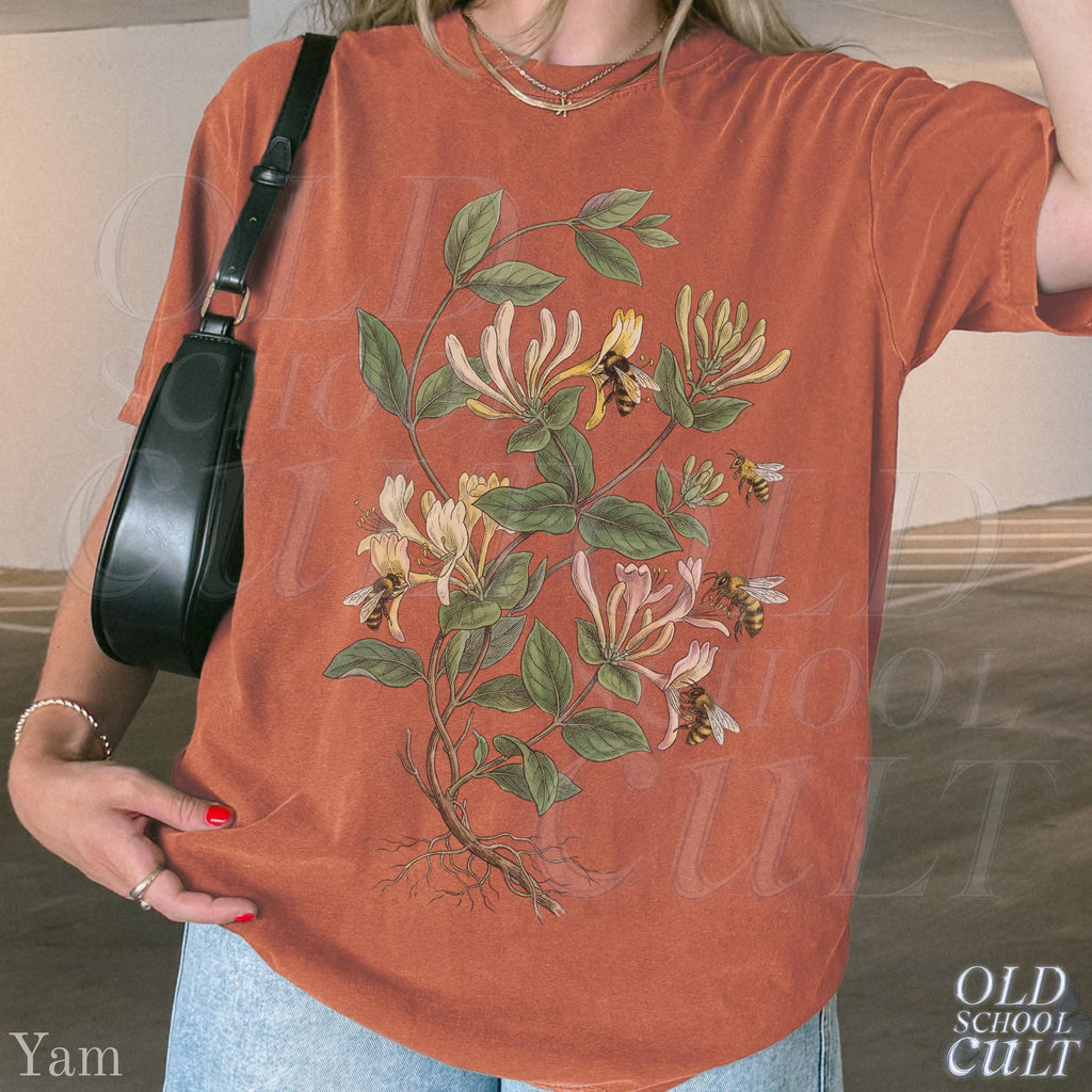 Vintage Honeysuckle Flower Bee 90s Graphic Tshirt, Retro Comfort Colors® Garden Plant Unisex Shirt