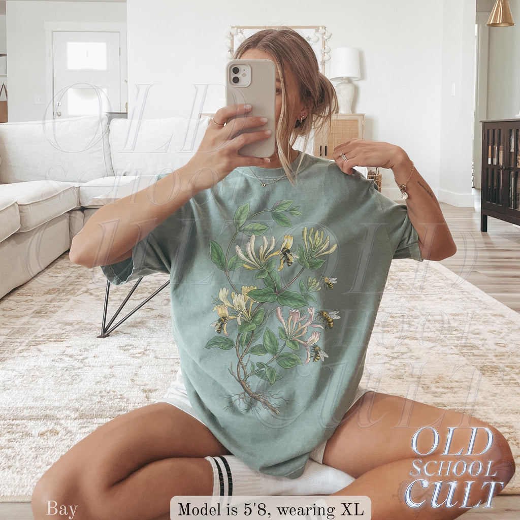 Vintage Honeysuckle Flower Bee 90s Graphic Tshirt, Retro Comfort Colors® Garden Plant Unisex Shirt