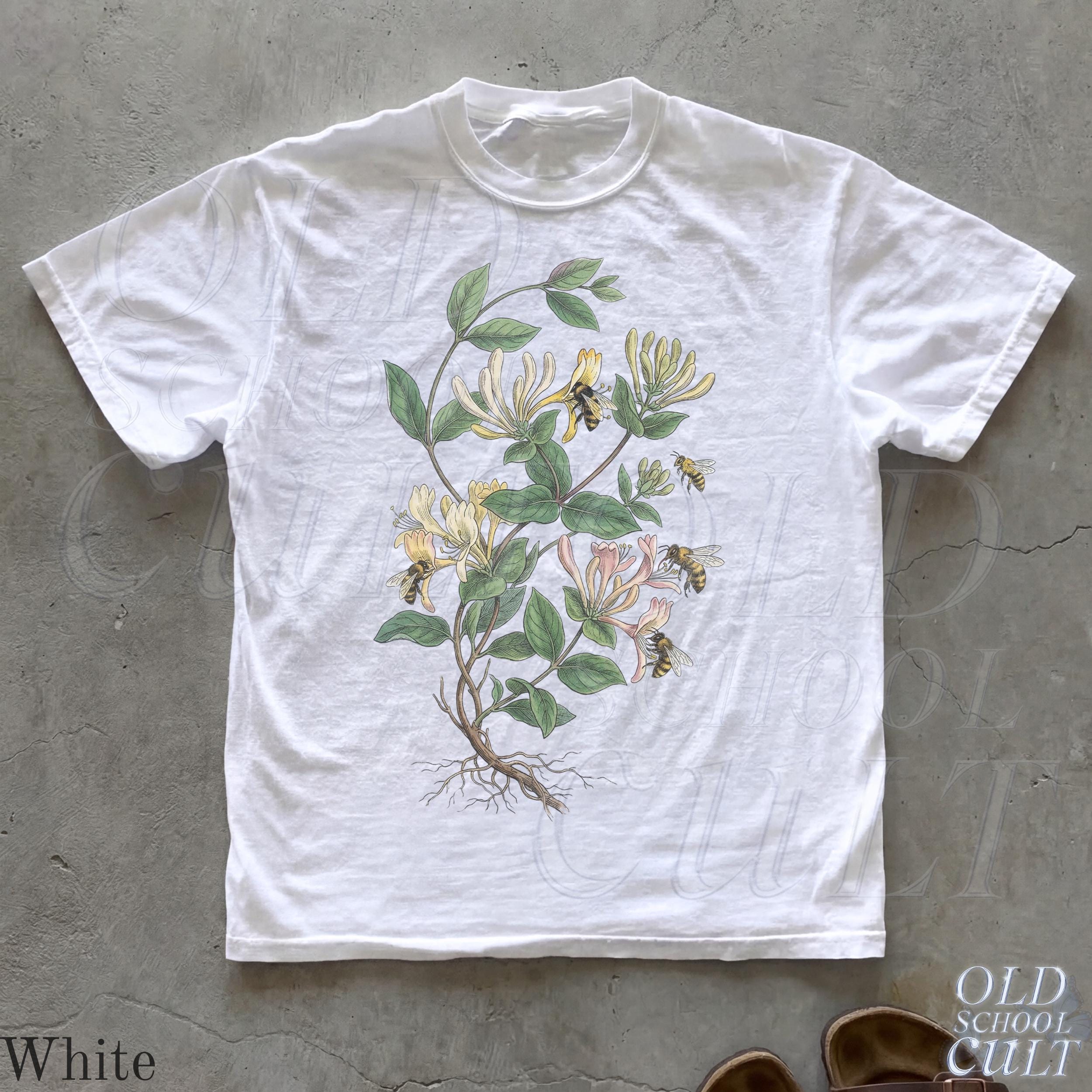 Vintage Honeysuckle Flower Bee 90s Graphic Tshirt, Retro Comfort Colors® Garden Plant Unisex Shirt