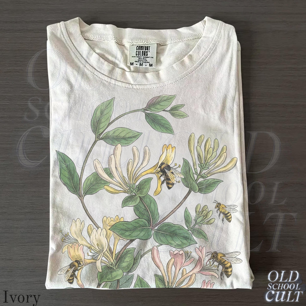 Vintage Honeysuckle Flower Bee 90s Graphic Tshirt, Retro Comfort Colors® Garden Plant Unisex Shirt