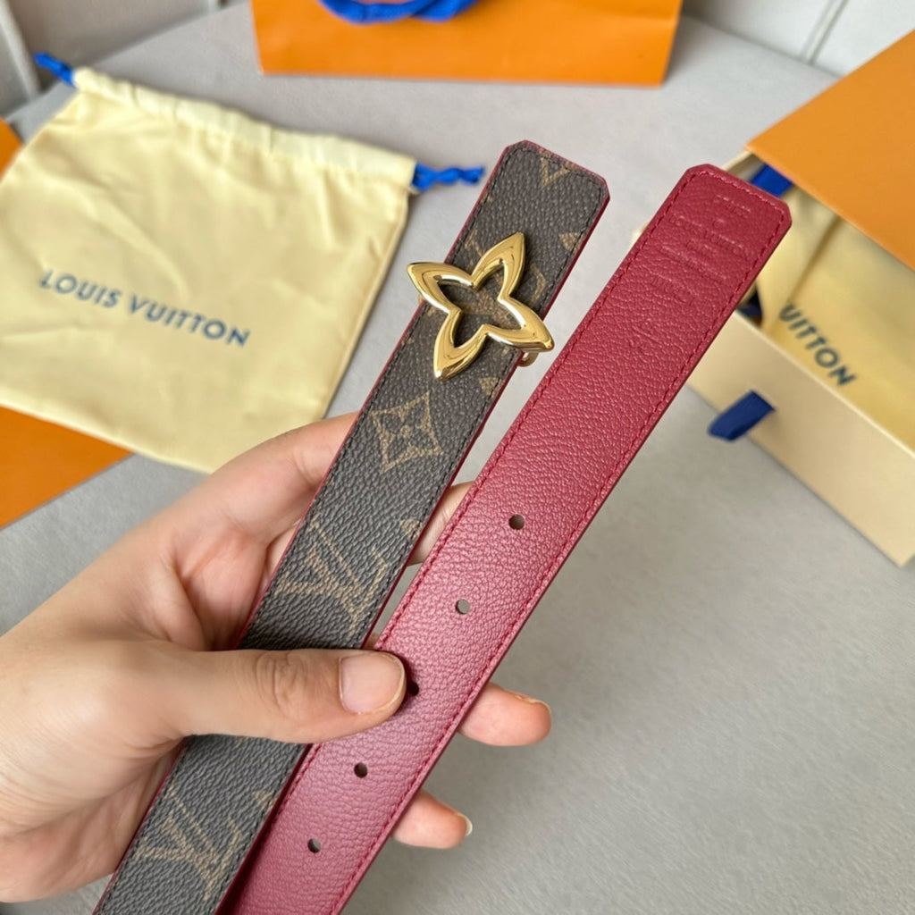 LV Flowergram 30mm Reversible Belt Gold Buckle Burgundy Brown Leather