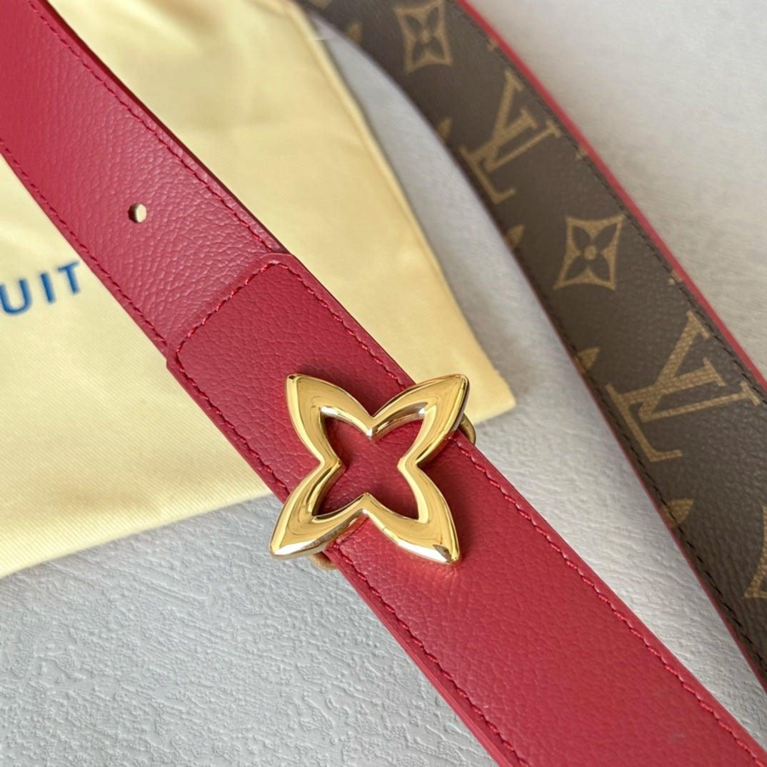 LV Flowergram 30mm Reversible Belt Gold Buckle Burgundy Brown Leather
