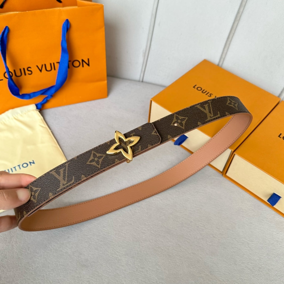 LV Flowergram 30mm Reversible Belt Gold Buckle Beige Brown Leather