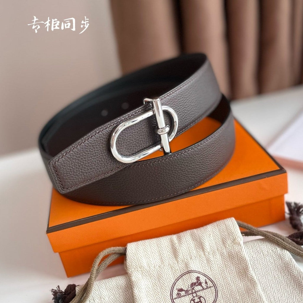 HM ITHAQUE BELT SILVER BUCKLE & REVERSIBLE CHOCOLATE BROWN AND BLACK LEATHER STRAP 38MM
