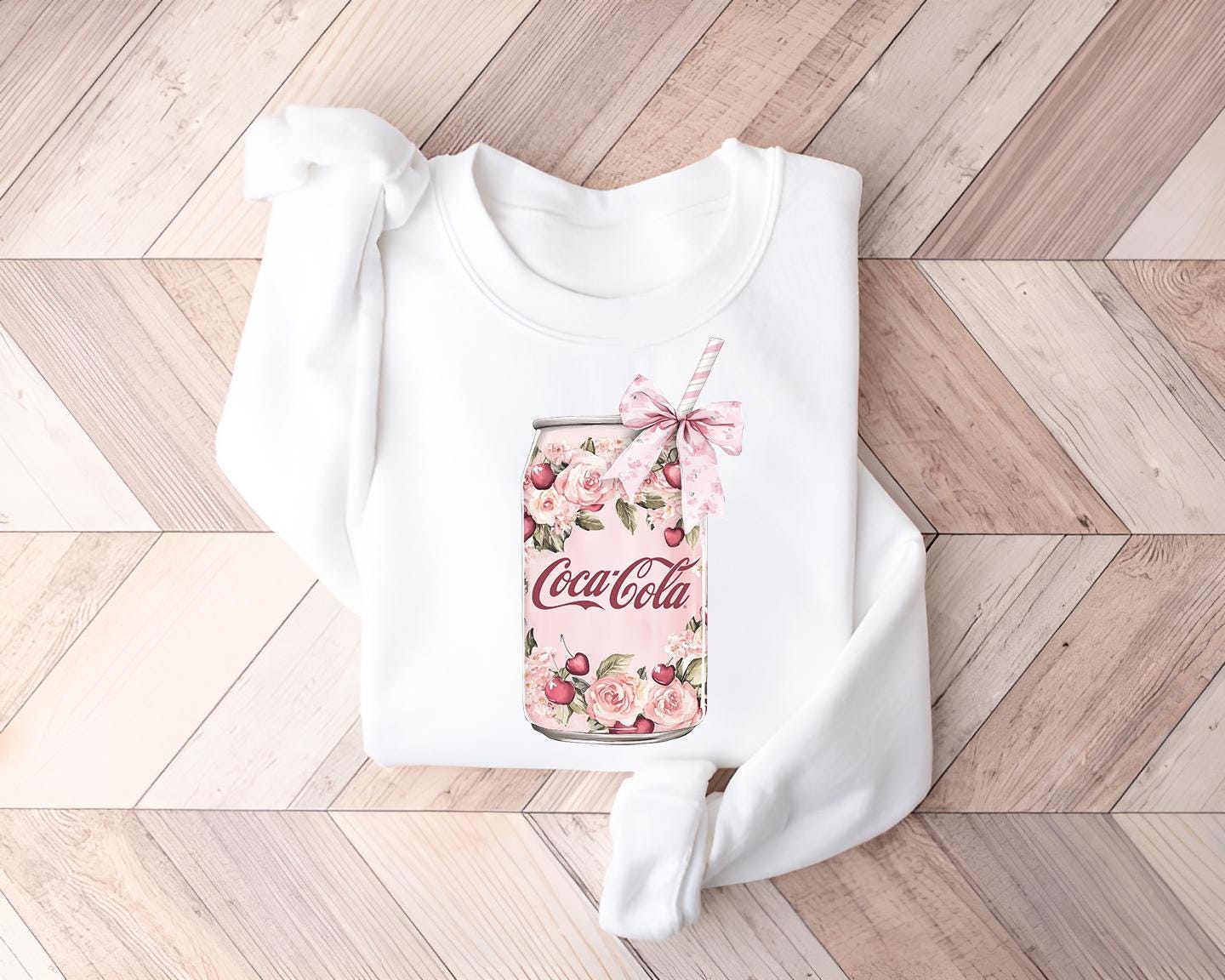 Coquette Coke Sweatshirt, Floral Coke T-shirt, Cute Baby Pink Bow Hoodie, Trendy Soda Can With Roses, Retro Soda Sweatshirt, Cola T-Shirt