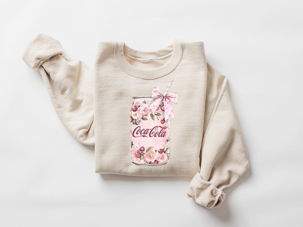 Coquette Coke Sweatshirt, Floral Coke T-shirt, Cute Baby Pink Bow Hoodie, Trendy Soda Can With Roses, Retro Soda Sweatshirt, Cola T-Shirt