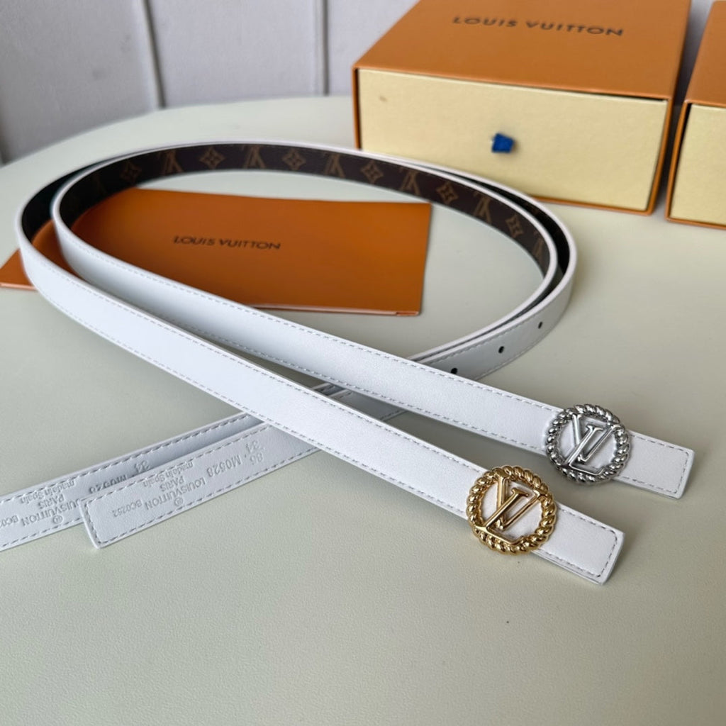 LV Circle Nautical 20mm Reversible Belt Silver Buckle White Brown Lambskin