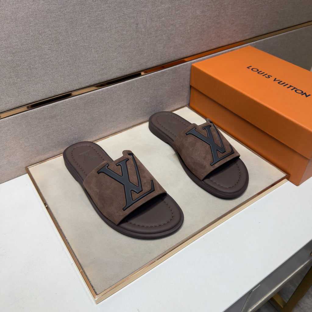 Louis Vuitton Men's Dark Brown Suede Slide Sandals