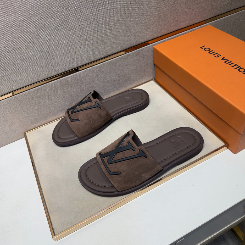 Louis Vuitton Men's Dark Brown Suede Slide Sandals