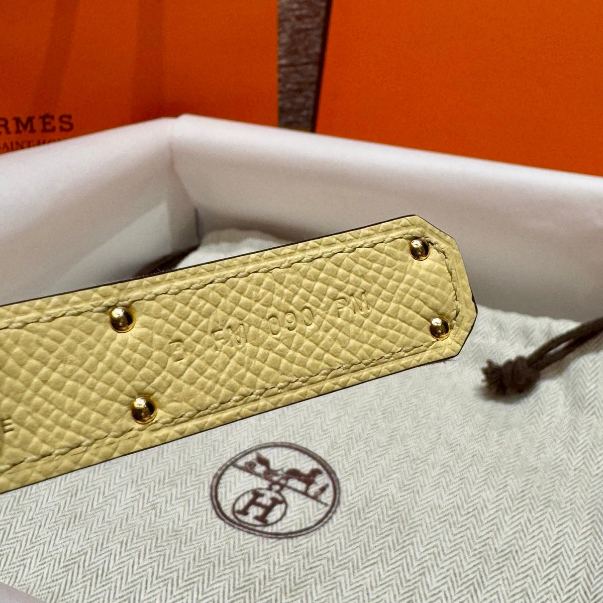 HM Kelly Belt 18mm Beige Canvas Epsom Leather Gold Buckle