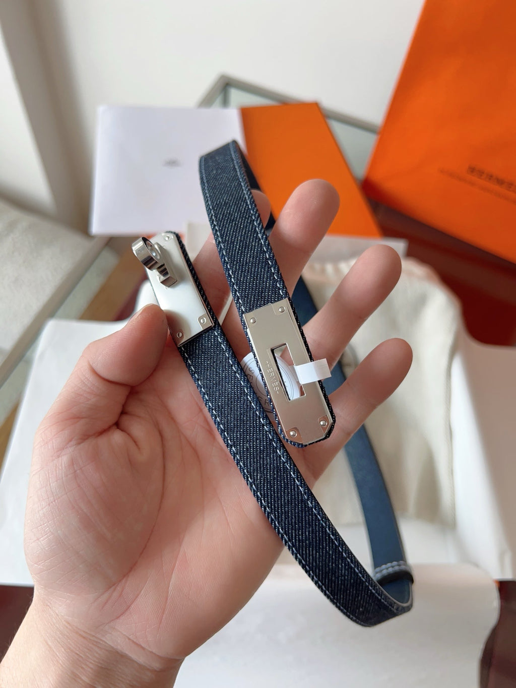 HM Kelly Belt 18mm Dark Blue Canvas Epsom Leather