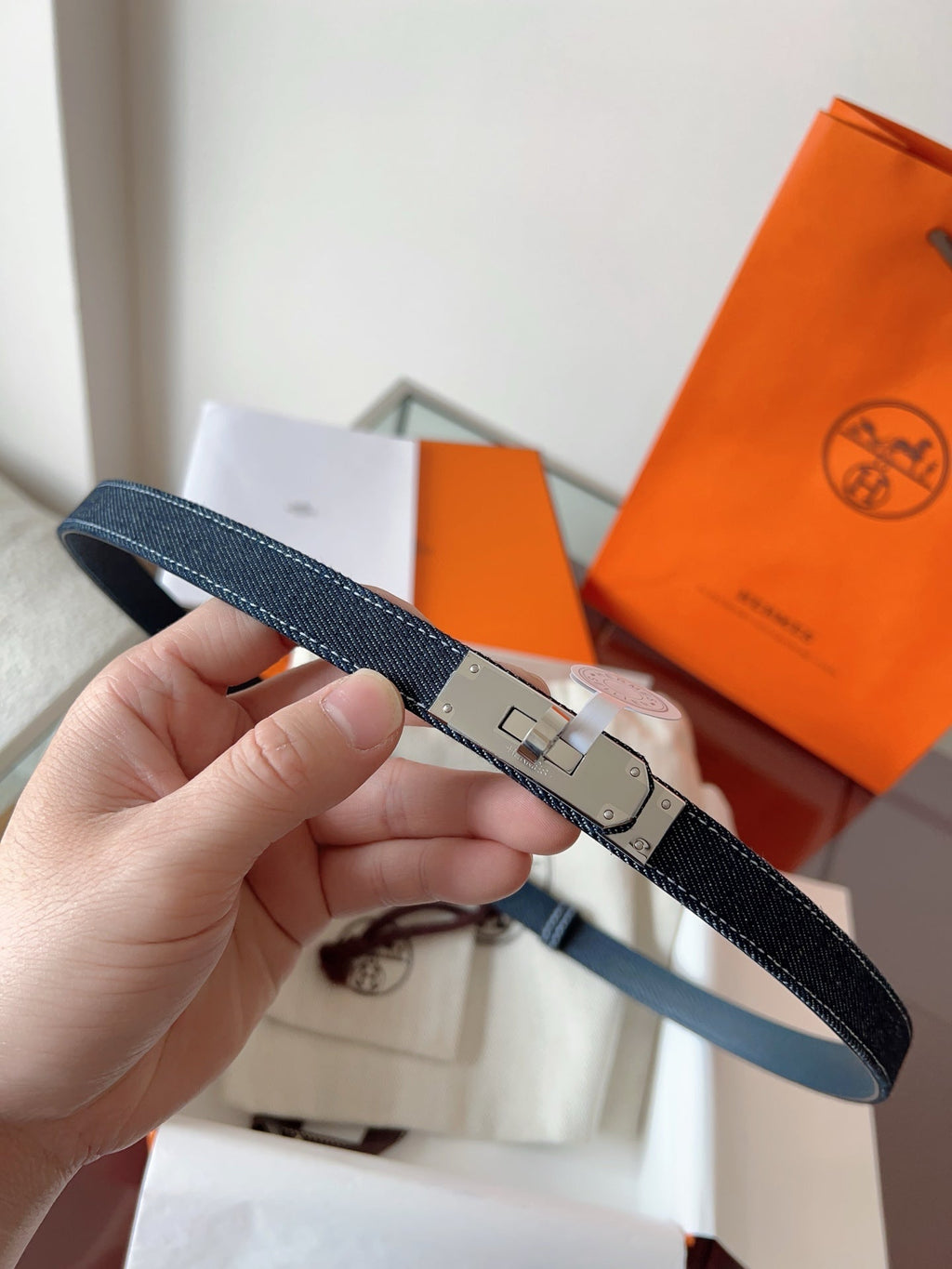 HM Kelly Belt 18mm Dark Blue Canvas Epsom Leather