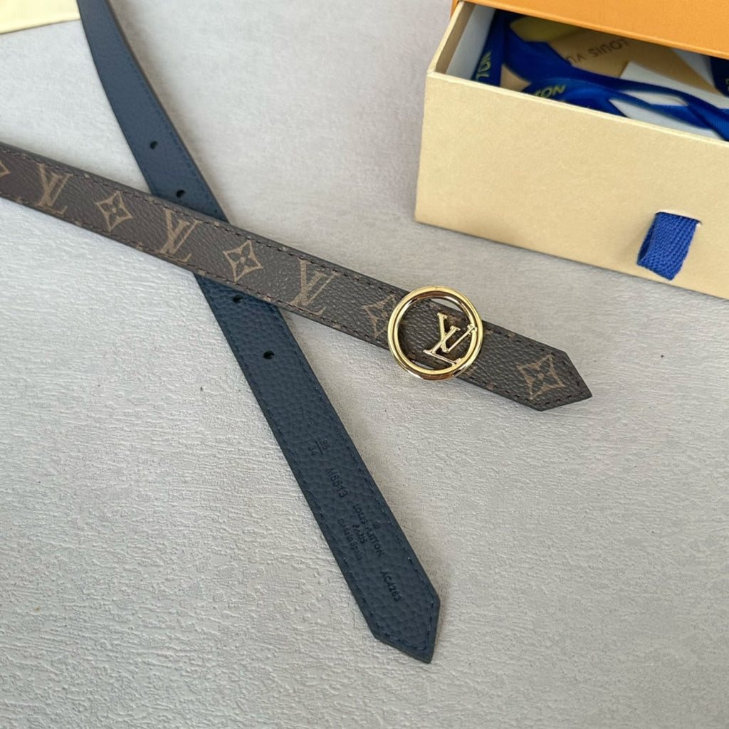 LV Circle 20mm Reversible Belt Gold Buckle Navy Blue Brown Leather