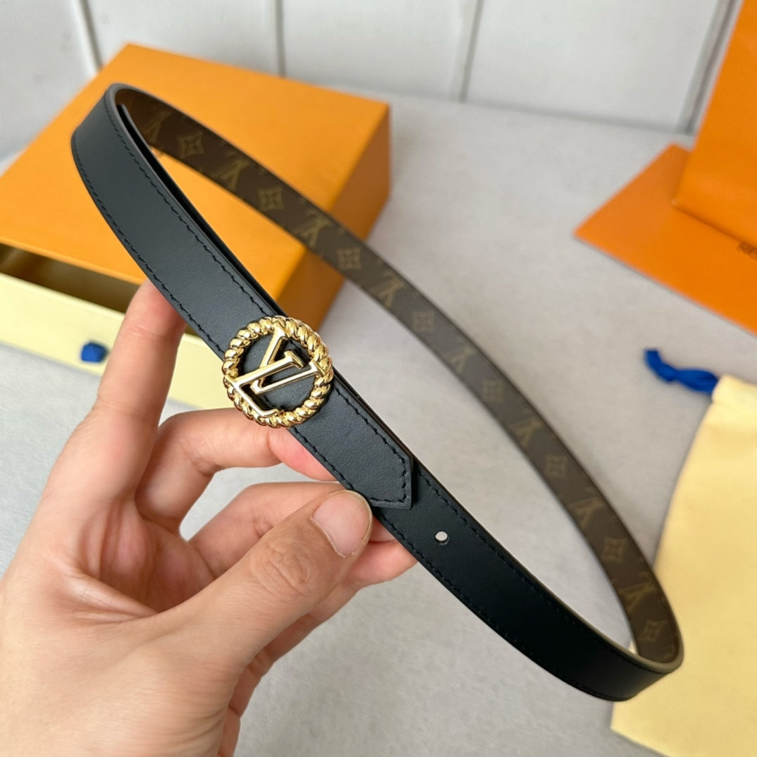 LV Circle Nautical 20mm Reversible Belt Gold Buckle Black Brown Lambskin