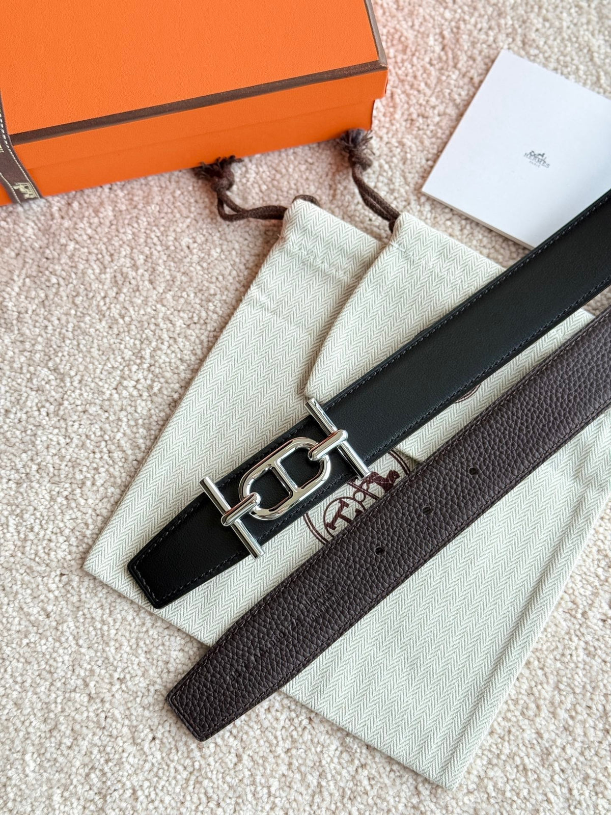 HM Ancre Buckle Belt 32mm Black Chocolate Leather 187517