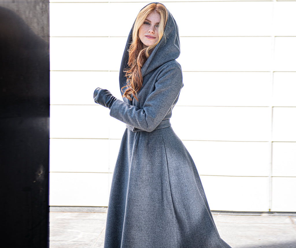 Long Wool Coat for Women - Hooded, Belted, Pockets, Lining, Winter Clothing