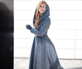 Long Wool Coat for Women - Hooded, Belted, Pockets, Lining, Winter Clothing