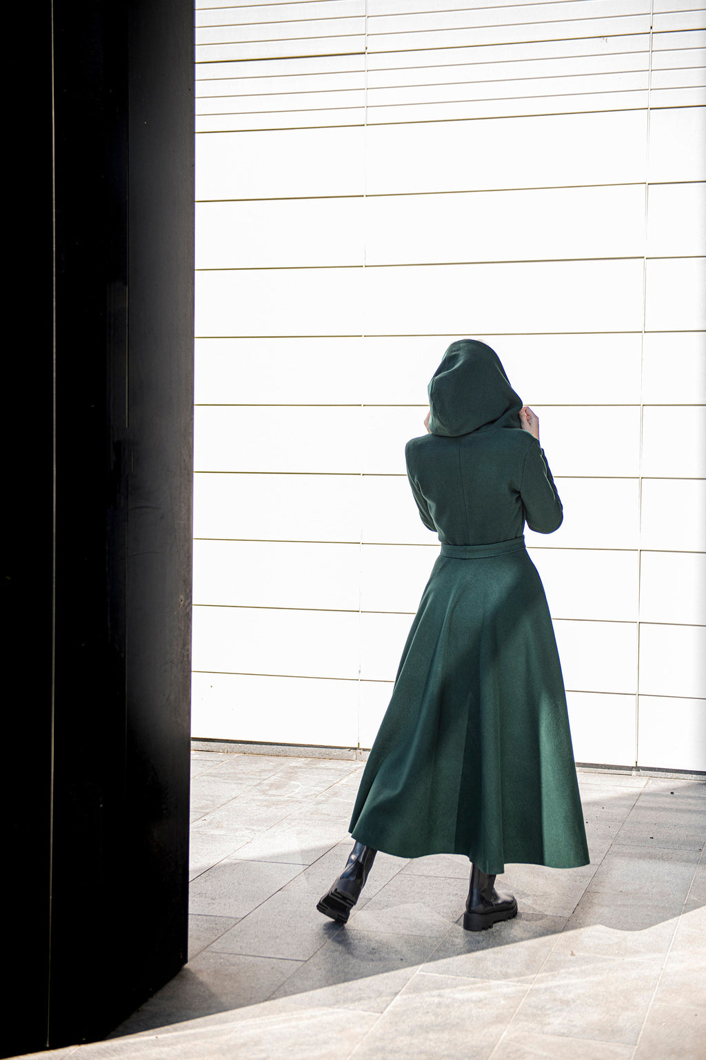 Long Wool Coat for Women - Hooded, Belted, Pockets, Lining, Winter Clothing