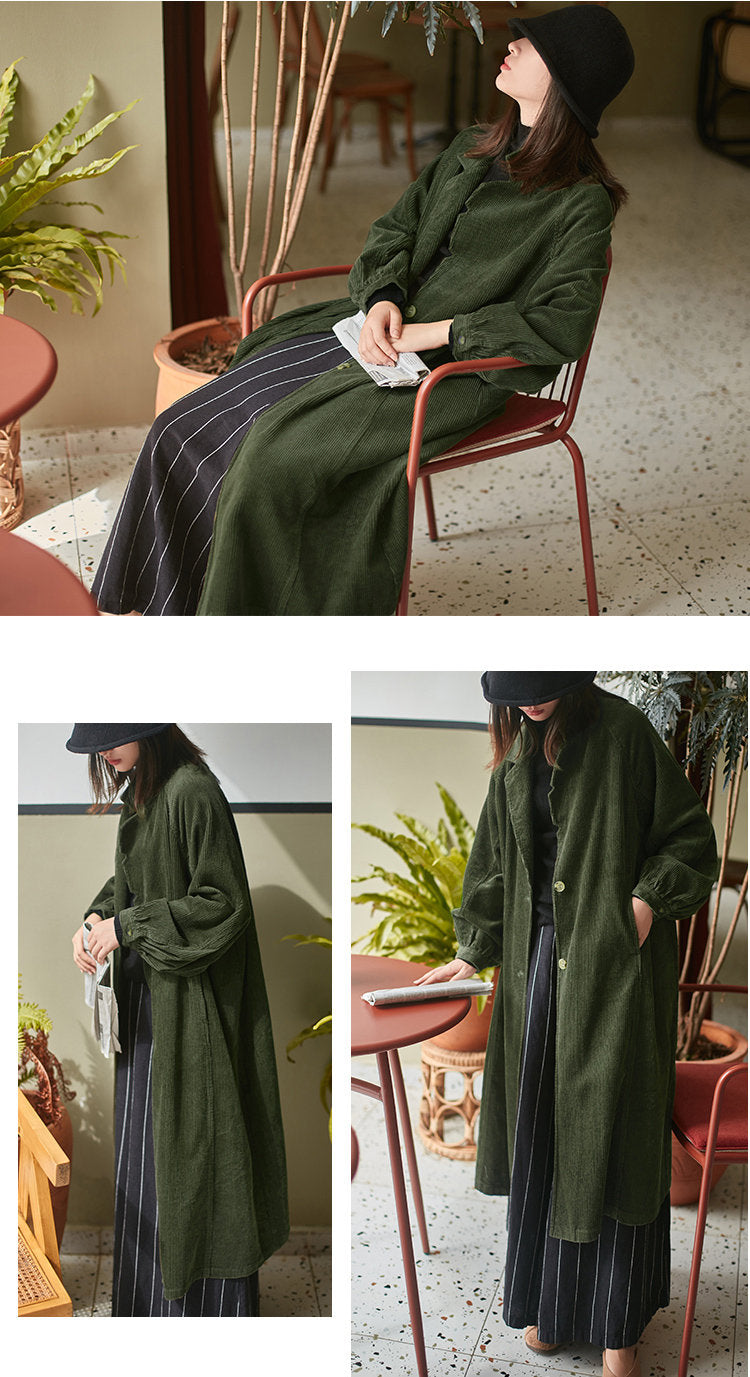 Corduroy Trench Coat Oversized Cardigan Jacket Autumn/Winter Wear, Mid-length Coat Loose Customizable Handmade Warm Jacket Vintage Outfit