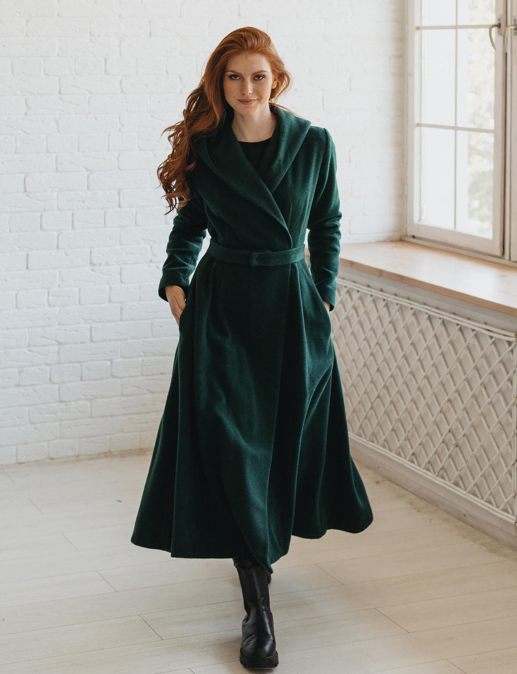 Long Wool Coat for Women - Hooded, Belted, Pockets, Lining, Winter Clothing