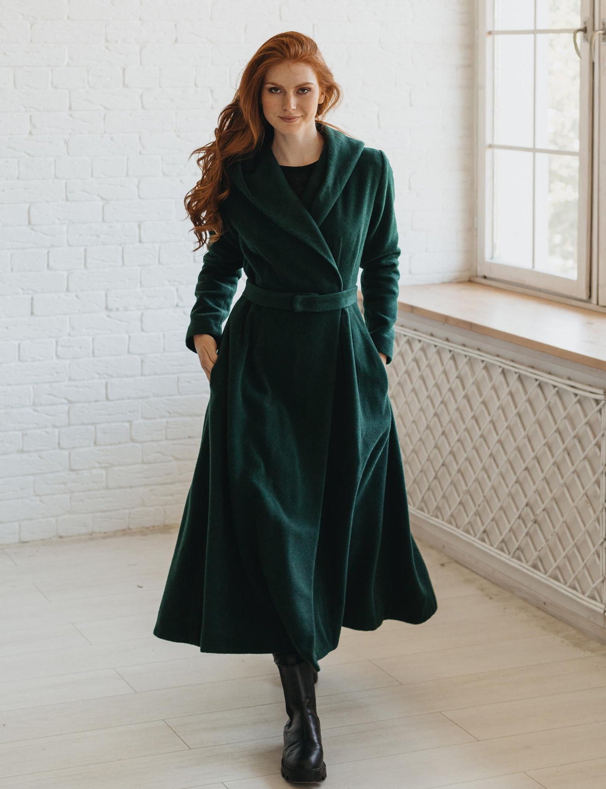 Long Wool Coat for Women - Hooded, Belted, Pockets, Lining, Winter Clothing