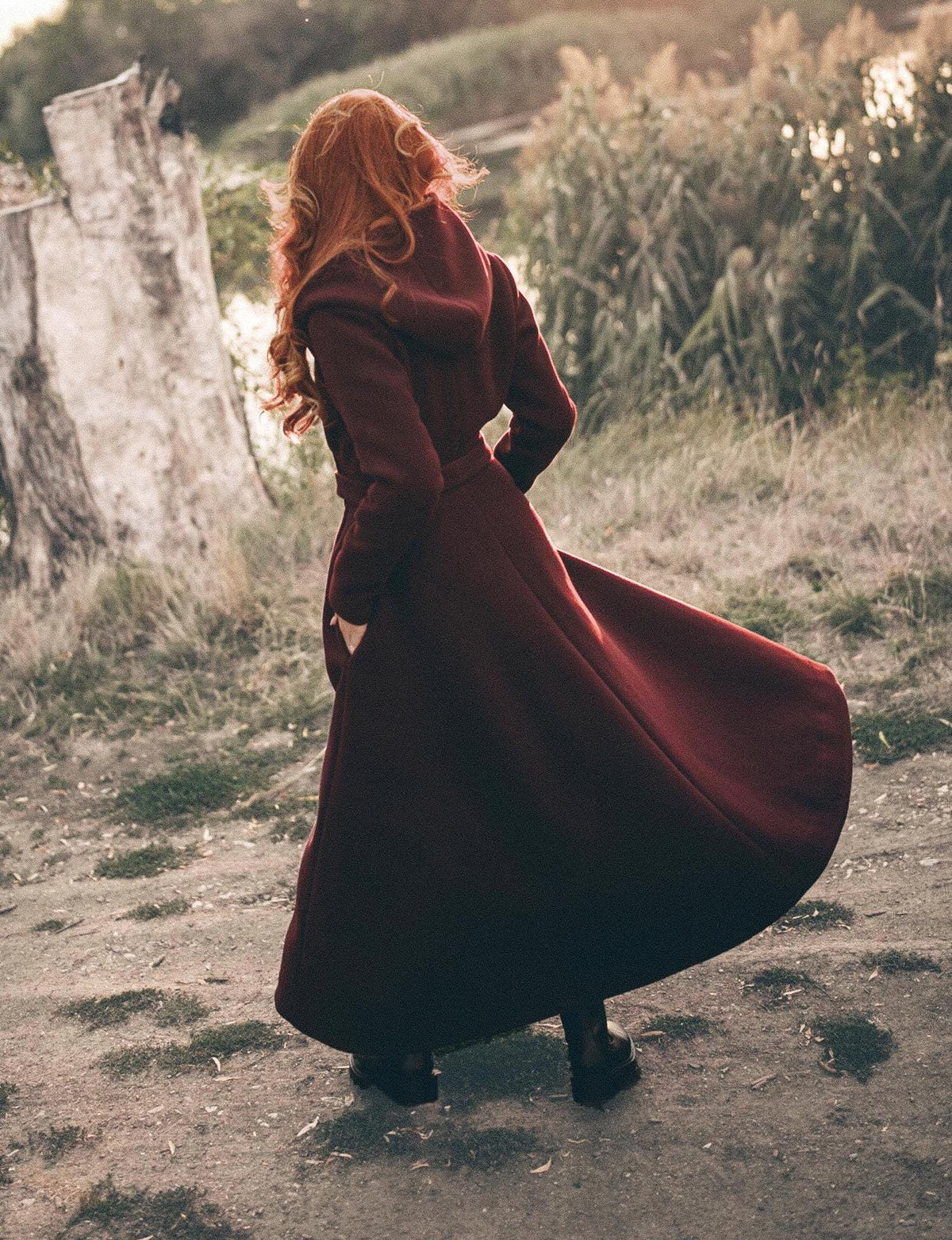 Long Wool Coat for Women - Hooded, Belted, Pockets, Lining, Winter Clothing