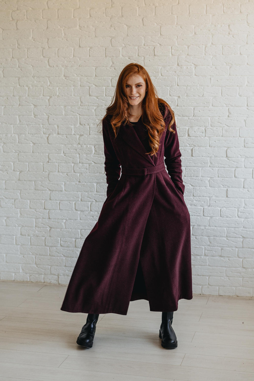 Long Wool Coat for Women - Hooded, Belted, Pockets, Lining, Winter Clothing