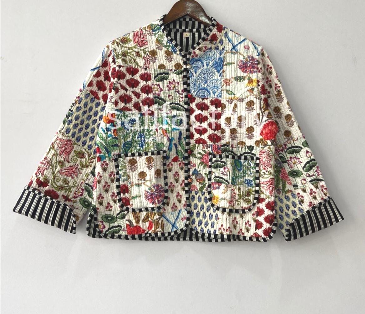 Patchwork Quilted Jackets Cotton Floral Bohemian Style Fall Winter Jacket Coat Streetwear Boho Quilted Reversible Jacket for Women #08
