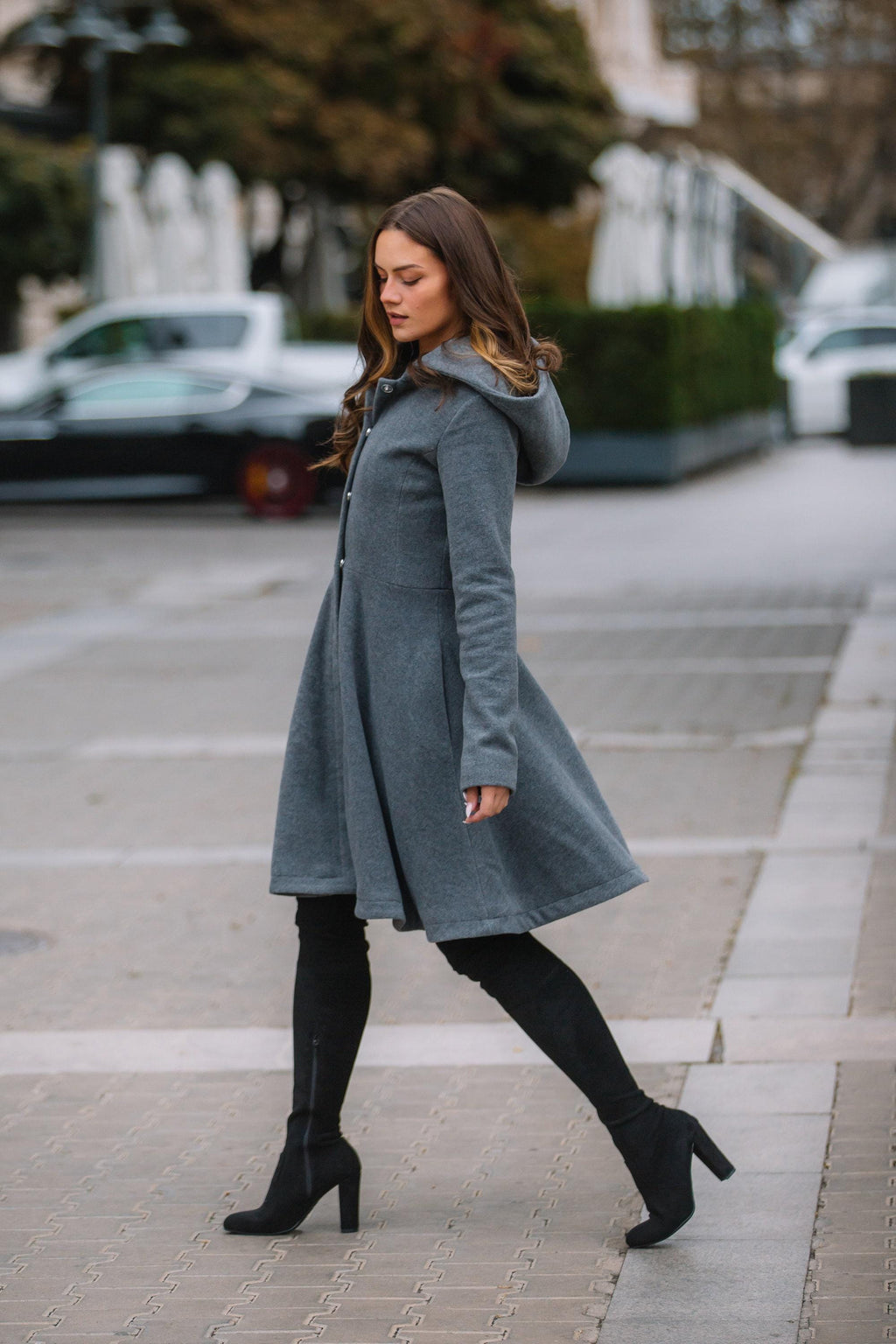 Grey Hooded Wool Winter Coat for Women, Princesss Midi Overcoat, Plus Size Winter Outerwear, Single Breasted Hooded Coat with Pockets
