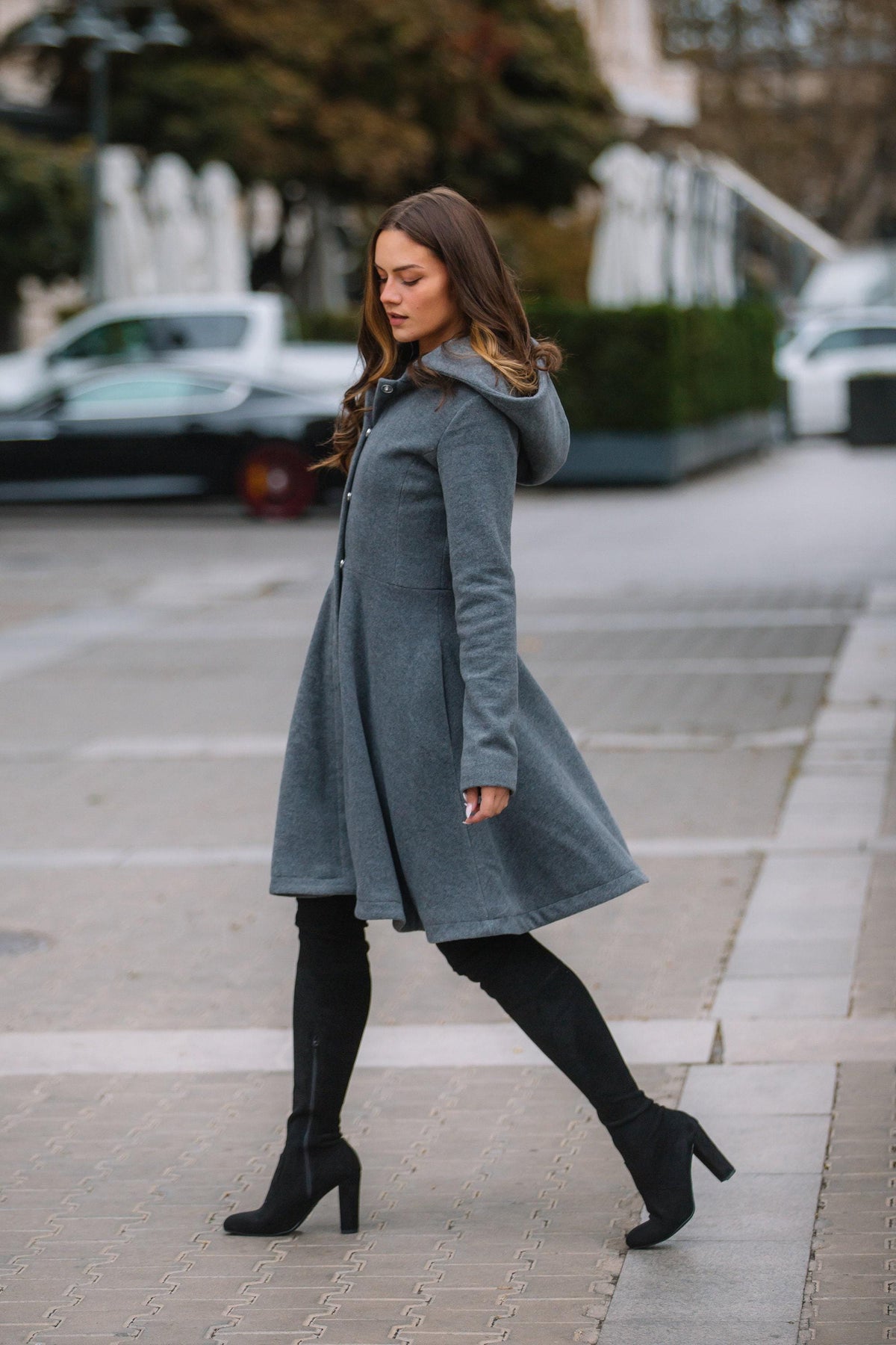 Grey Hooded Wool Winter Coat for Women, Princesss Midi Overcoat, Plus Size Winter Outerwear, Single Breasted Hooded Coat with Pockets