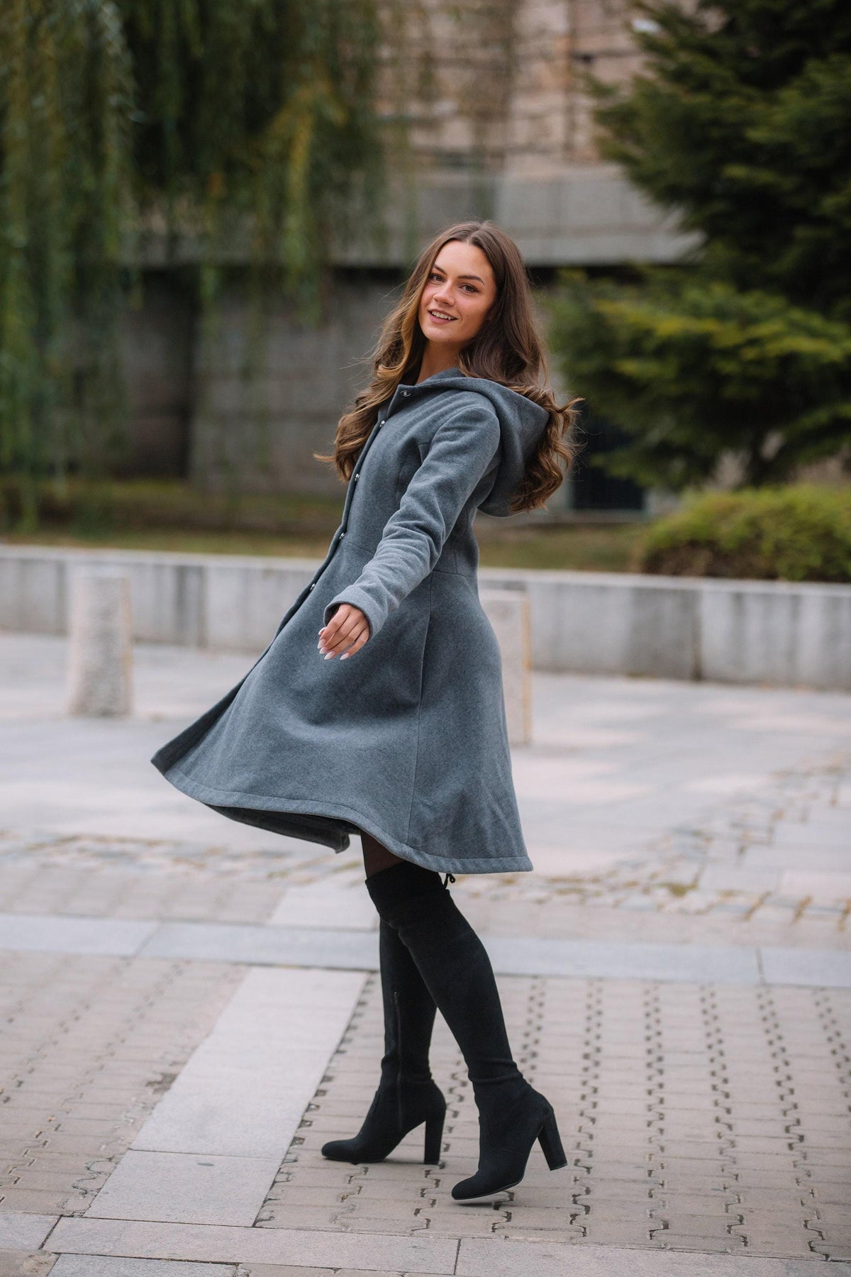 Grey Hooded Wool Winter Coat for Women, Princesss Midi Overcoat, Plus Size Winter Outerwear, Single Breasted Hooded Coat with Pockets