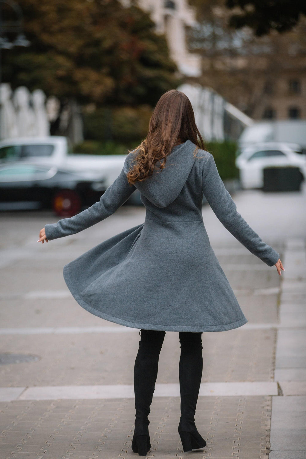 Grey Hooded Wool Winter Coat for Women, Princesss Midi Overcoat, Plus Size Winter Outerwear, Single Breasted Hooded Coat with Pockets