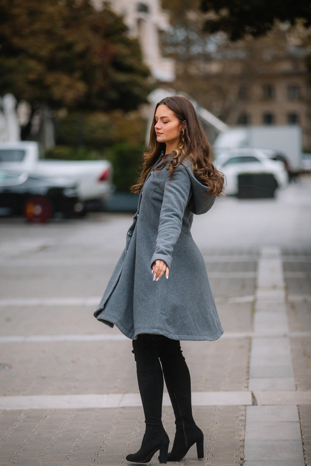 Grey Hooded Wool Winter Coat for Women, Princesss Midi Overcoat, Plus Size Winter Outerwear, Single Breasted Hooded Coat with Pockets