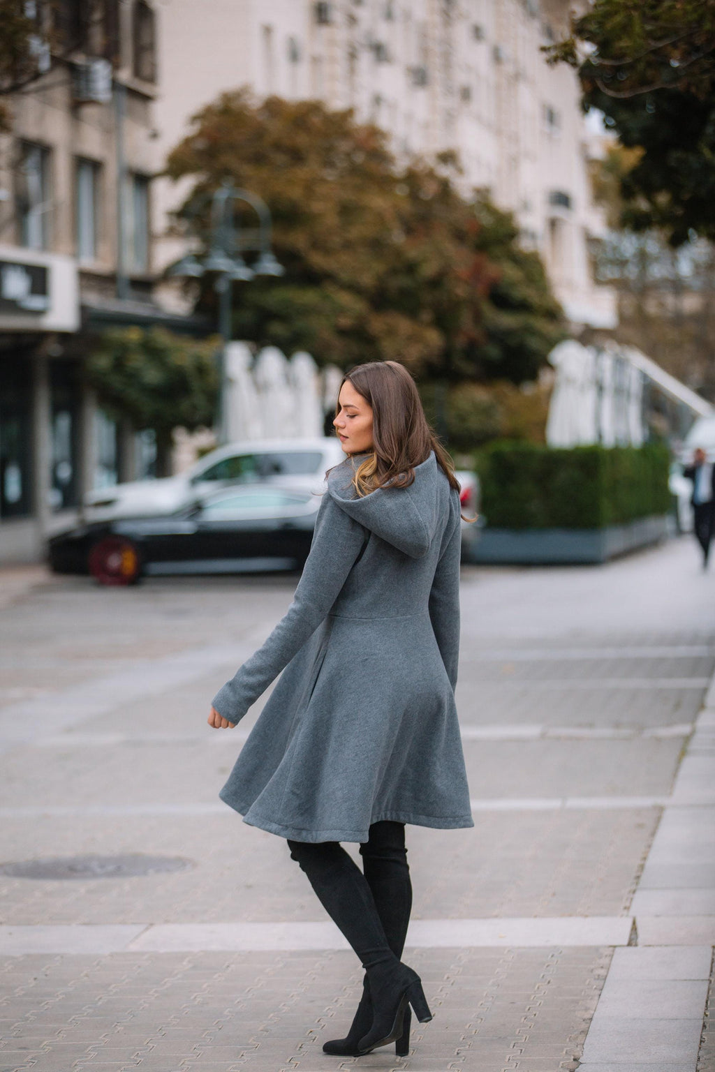 Grey Hooded Wool Winter Coat for Women, Princesss Midi Overcoat, Plus Size Winter Outerwear, Single Breasted Hooded Coat with Pockets
