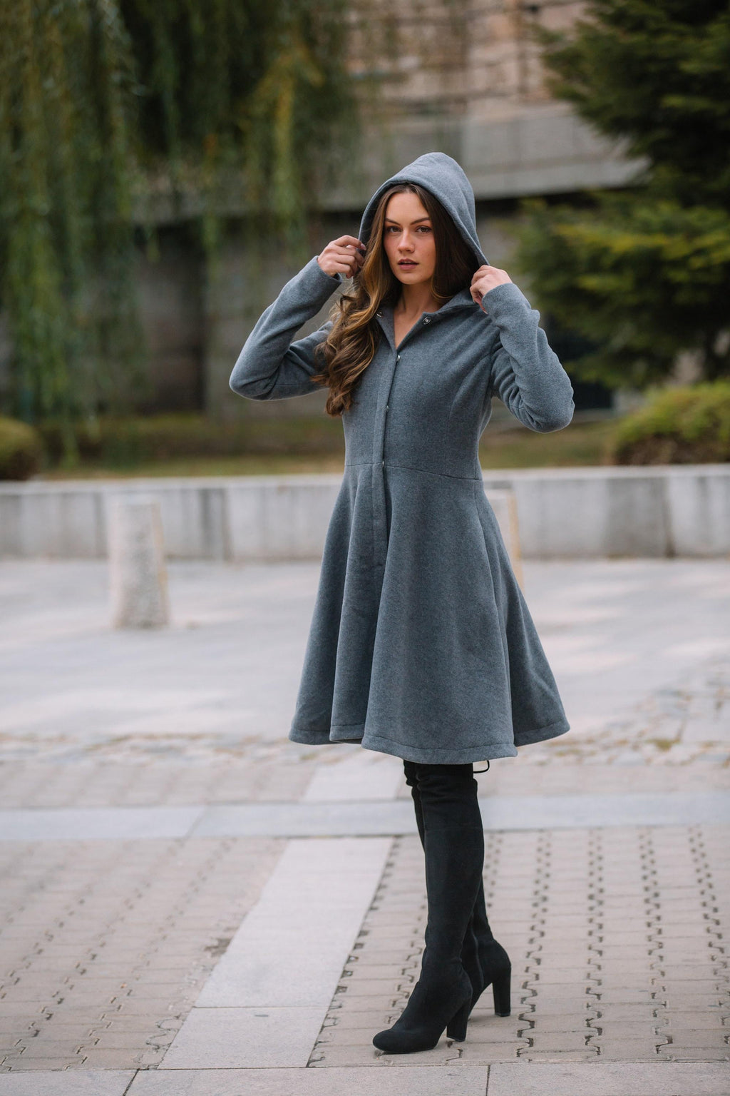 Grey Hooded Wool Winter Coat for Women, Princesss Midi Overcoat, Plus Size Winter Outerwear, Single Breasted Hooded Coat with Pockets