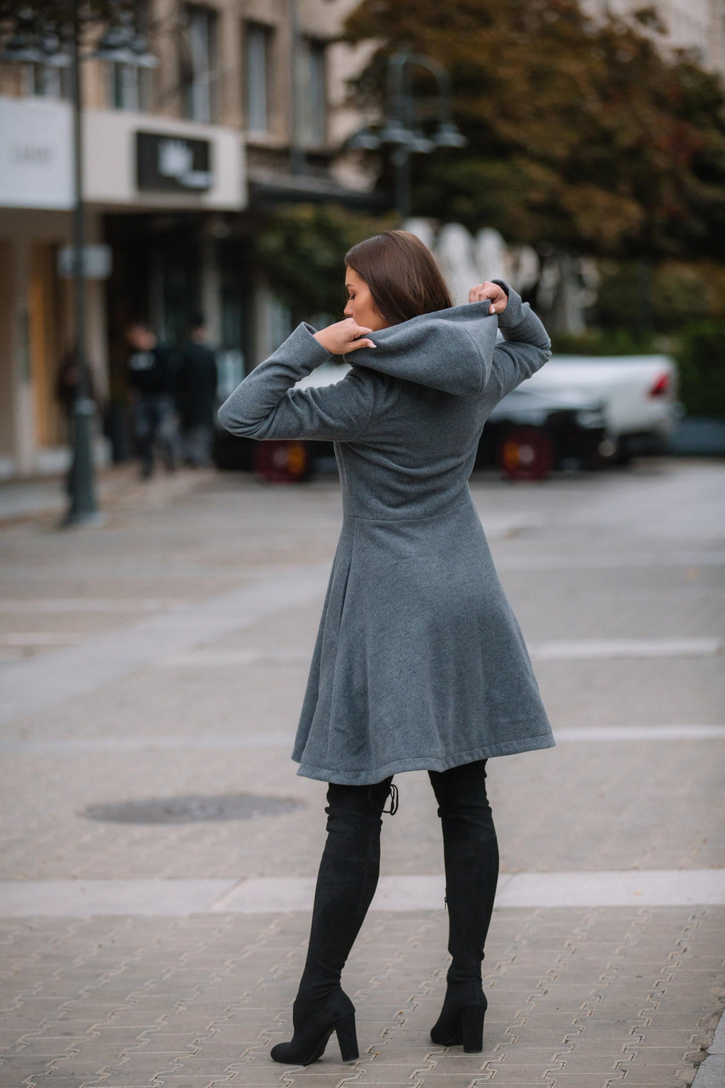 Grey Hooded Wool Winter Coat for Women, Princesss Midi Overcoat, Plus Size Winter Outerwear, Single Breasted Hooded Coat with Pockets