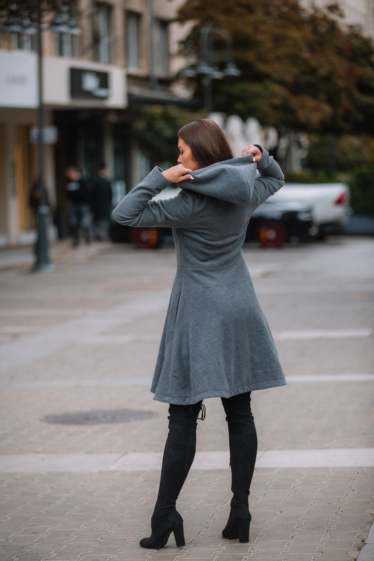 Grey Hooded Wool Winter Coat for Women, Princesss Midi Overcoat, Plus Size Winter Outerwear, Single Breasted Hooded Coat with Pockets