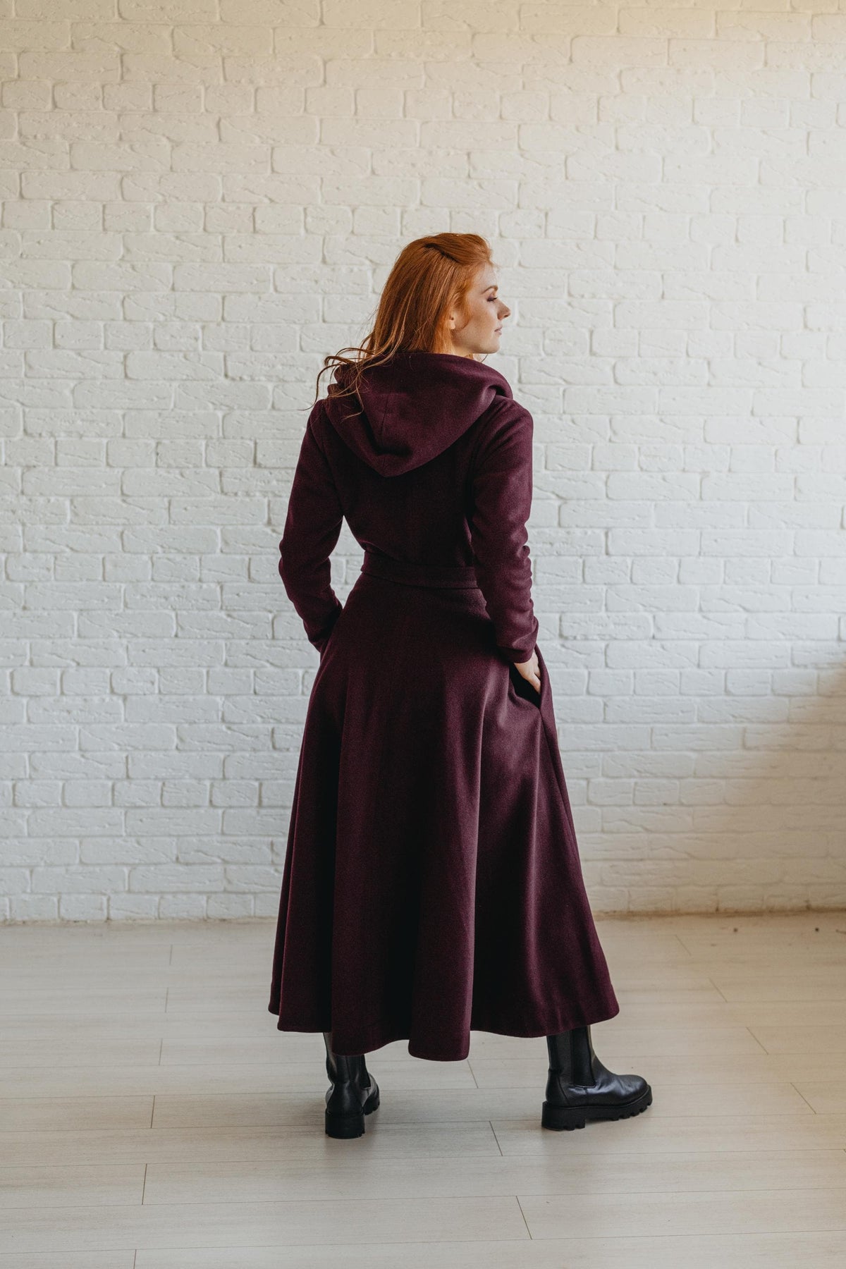 Long Wool Coat for Women - Hooded, Belted, Pockets, Lining, Winter Clothing