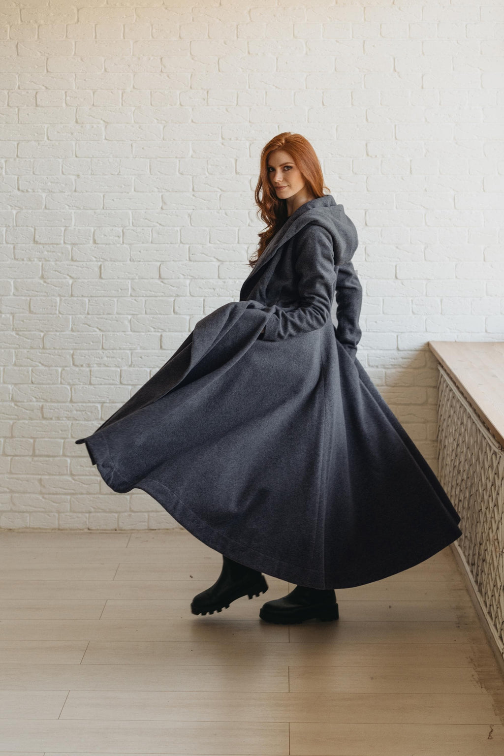 Long Wool Coat for Women - Hooded, Belted, Pockets, Lining, Winter Clothing