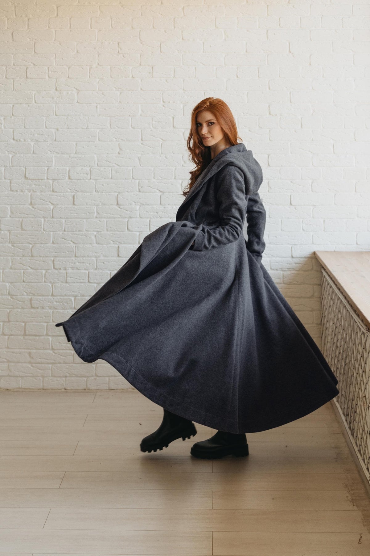 Long Wool Coat for Women - Hooded, Belted, Pockets, Lining, Winter Clothing